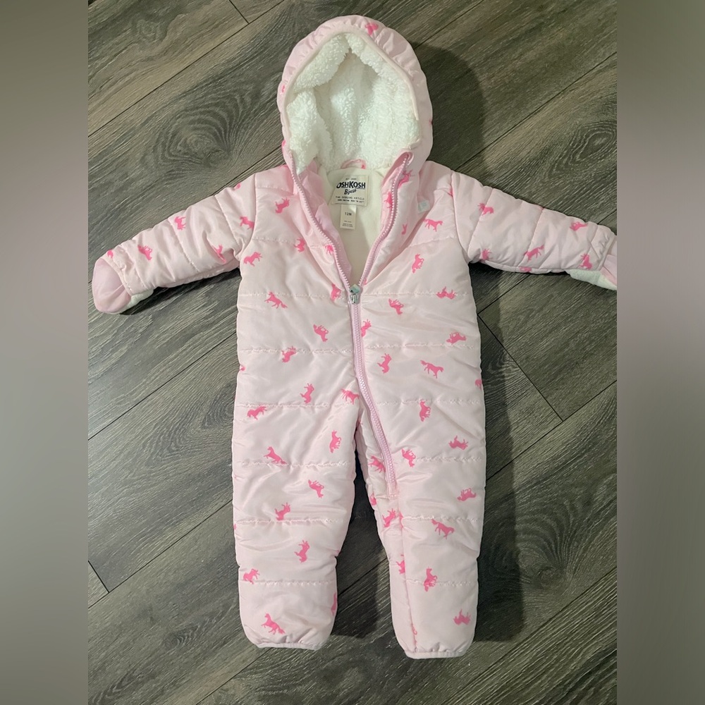 Baby girls 12 month snowsuit pink with unicorns Oshkosh